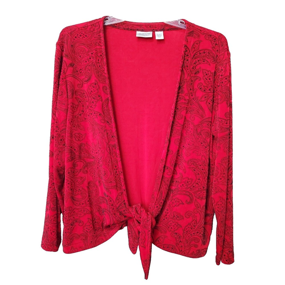 Chico's Travelers Slinky Knit Red Paisley Tie-Waist Open Front Jacket Size 3 XL